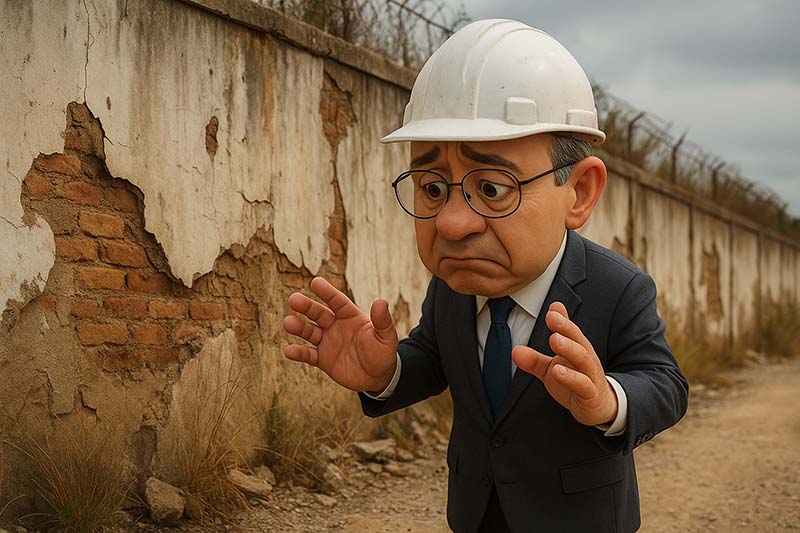 Caricatura de personaje que aparece nervioso y triste frente a una barda ruinosa y abandonada, símbolo de la fallida Refinería Bicentenario en Tula, Hidalgo.