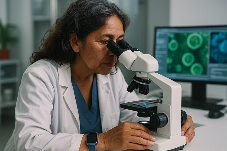 Científica de laboratorio observando muestras a través de un microscopio, con bata blanca y pantalla de computadora al fondo mostrando células ampliadas en verde.