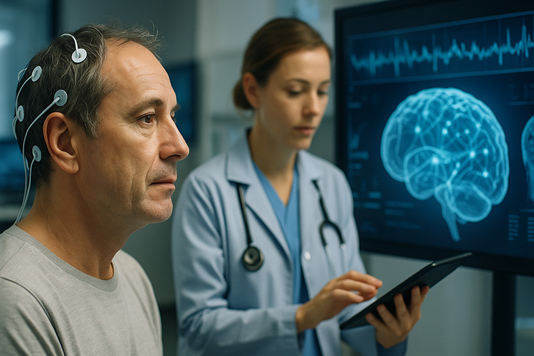 Paciente con electrodos en la cabeza durante una prueba de interfaz cerebro-máquina, acompañado por una doctora que revisa datos en una tableta, con pantallas mostrando gráficos y escaneos cerebrales.