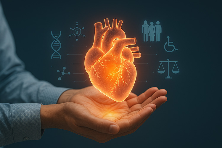 Manos humanas sosteniendo un corazón holográfico brillante, rodeado de íconos de ADN, ciencia, accesibilidad y justicia, simbolizando los avances médicos hacia 2060 y la necesidad de equidad en el acceso a la salud.