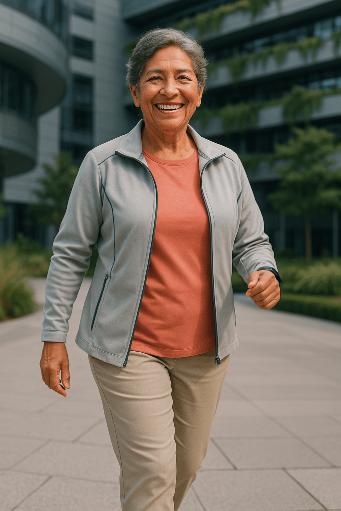 Mujer de unos 70 años sonriendo y caminando con energía en un entorno urbano moderno con edificios y vegetación al fondo, vestida con camiseta naranja, chaqueta gris y pantalón beige.