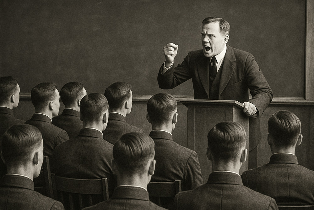 Representación en blanco y negro de un líder autoritario dando un discurso enérgico frente a un grupo de seguidores uniformados, escena que simboliza la propaganda y adoctrinamiento del fascismo del siglo XX.