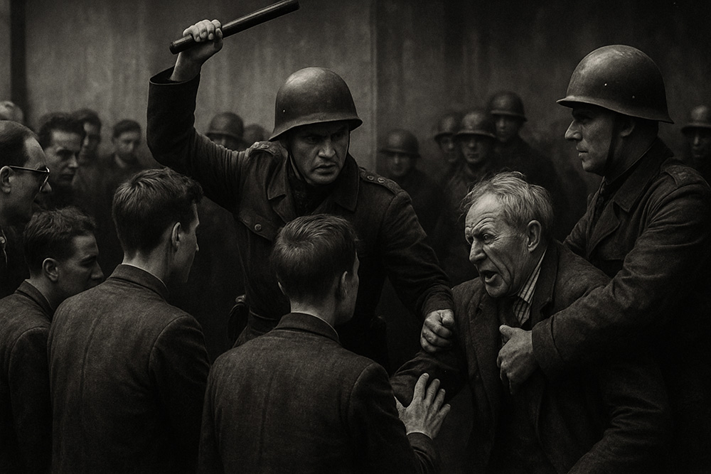 Escena en blanco y negro de represión fascista, con soldados armados golpeando y arrestando a civiles durante un acto de violencia política del siglo XX, mostrando tensión, abuso de poder y control autoritario.