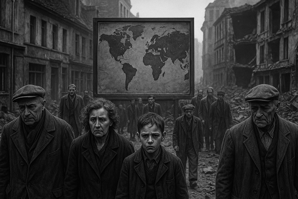 Imagen en blanco y negro de civiles caminando entre ruinas tras la destrucción provocada por regímenes fascistas, con un mapa del mundo al fondo simbolizando la expansión y el impacto global del totalitarismo en el siglo XX.