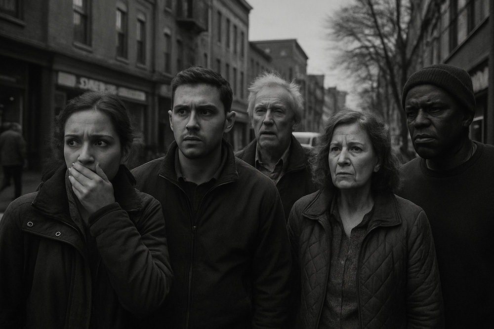 Grupo de personas de distintas edades observando con preocupación en una calle urbana, simbolizando el impacto contemporáneo del fascismo y las tensiones sociales modernas.