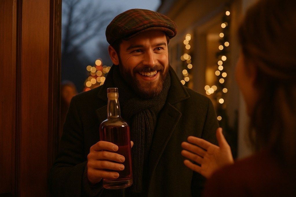 Representación del first footing escocés, un hombre entrando a una casa con una botella de whisky como tradición de Año Nuevo.