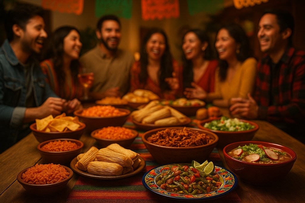 Representación de una cena de Año Nuevo en el norte de México con platillos tradicionales como tamales, pozole, y arroz, en primer plano, con una familia celebrando entre risas al fondo.