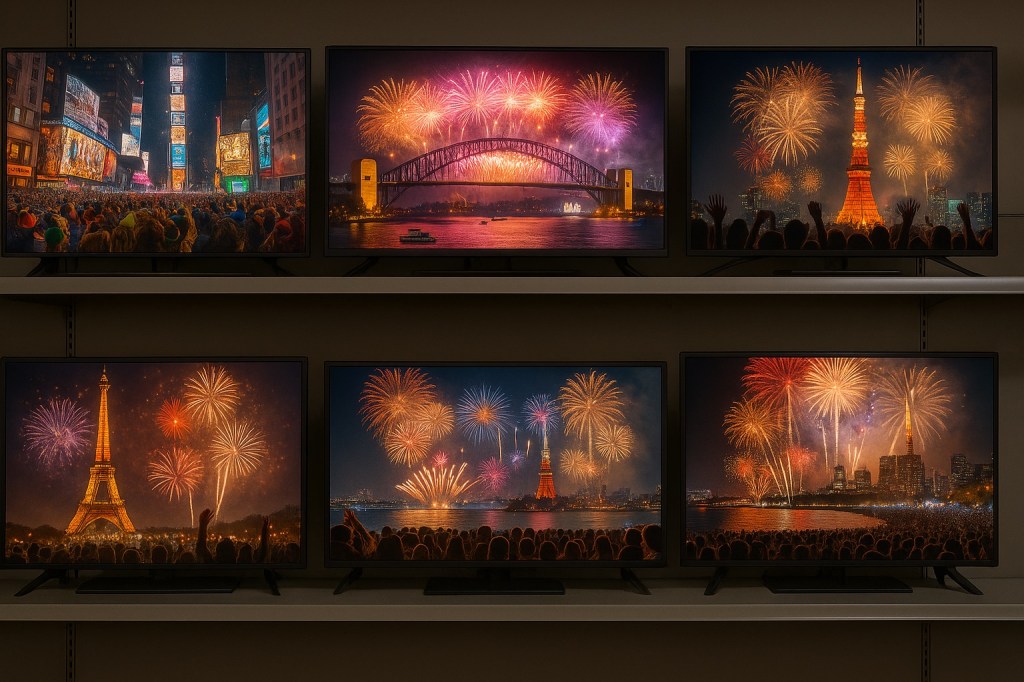 Aparador de televisores mostrando celebraciones de Año Nuevo alrededor del mundo, con fuegos artificiales en Nueva York, Sídney, Tokio, París y Río de Janeiro