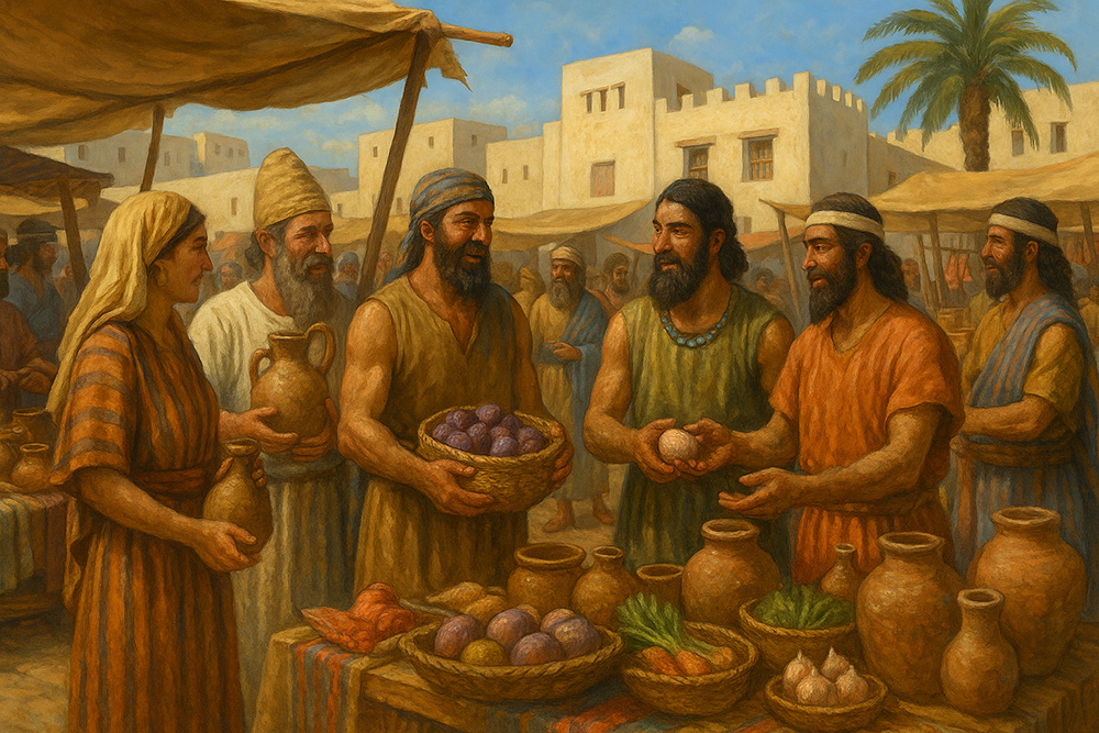 Representación de un mercado acadio con comerciantes intercambiando alimentos, cerámicas y productos agrícolas en una ciudad mesopotámica antigua, ilustrando la economía y el comercio del Imperio Acadio.