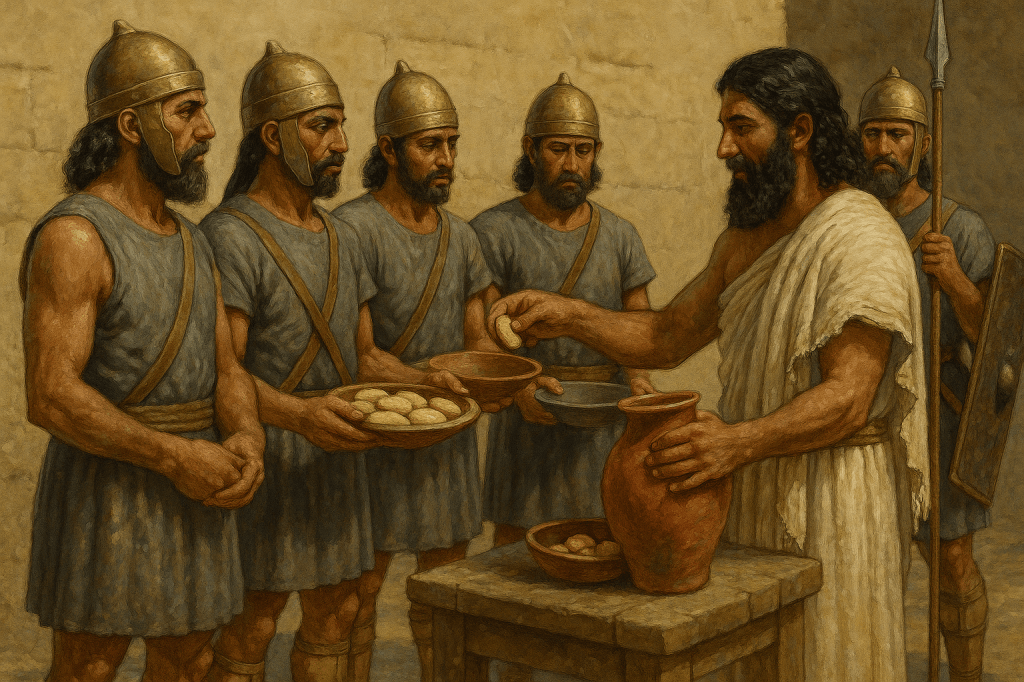 Representación de soldados acadios recibiendo raciones de alimento en el Imperio Acadio, mostrando la organización militar y la administración de suministros en la antigua Mesopotamia.