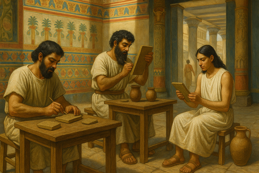Representación de escribas acadios trabajando con tablillas de arcilla en un taller del antiguo Mesopotamia, mostrando el desarrollo de la escritura cuneiforme y la administración en el Imperio Acadio.