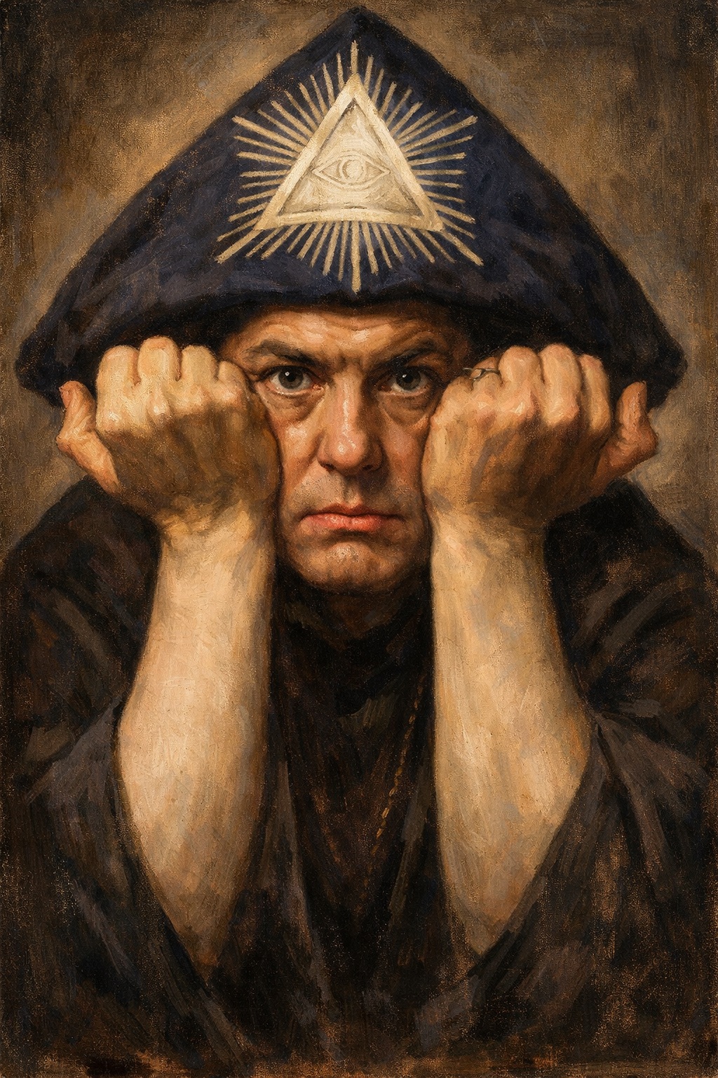 Retrato pictórico de Aleister Crowley inspirado en una fotografía histórica, representado con túnica oscura y símbolos esotéricos, en una interpretación artística de su figura pública.
