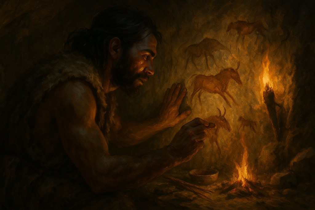 Representación de un artista paleolítico pintando animales en la pared de una cueva, iluminado por antorchas y una fogata, utilizando pigmentos y herramientas primitivas.