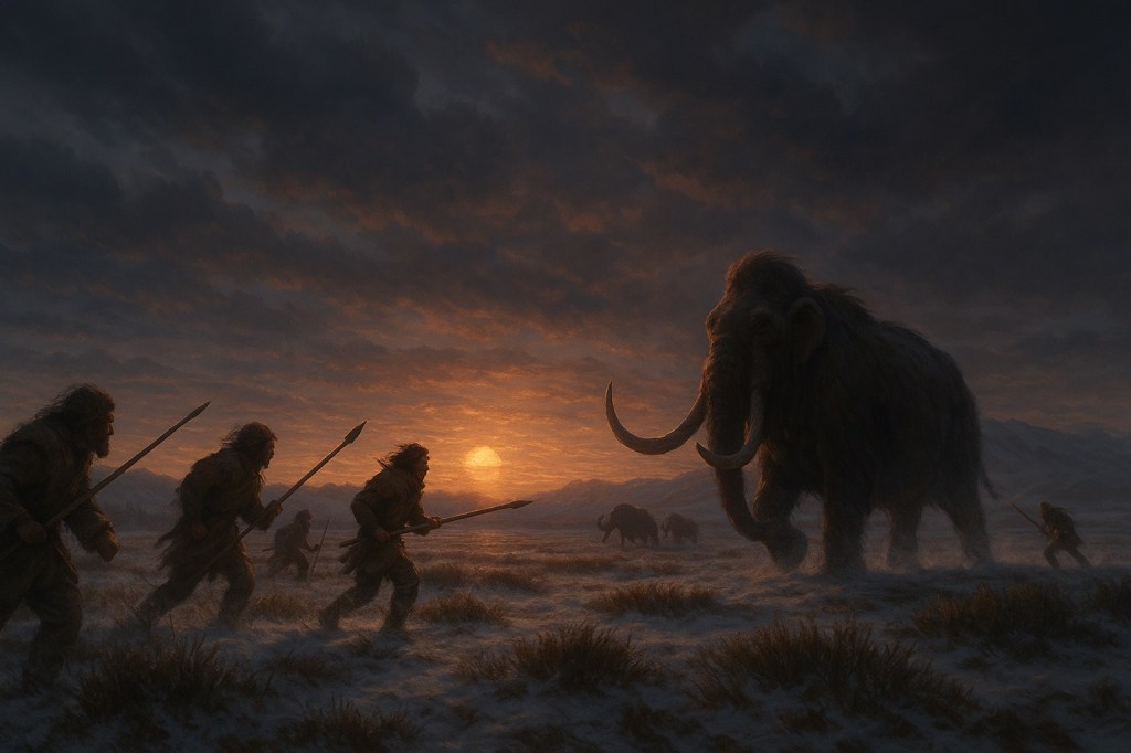 Representación de cazadores-recolectores del Paleolítico persiguiendo a un mamut sobre una tundra helada al atardecer, con un sol casi oculto y un paisaje glacial en invierno.