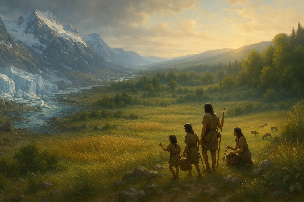 Representación panorámica del paisaje al final de la última glaciación, con glaciares retrocediendo a la izquierda y un ambiente cálido del Holoceno a la derecha; un grupo humano nómada observa la expansión de praderas, bosques y herbívoros, simbolizando el cambio climático ca. 10 000 a. C.