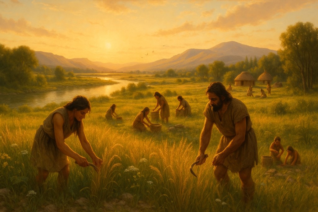 Representación de humanos prehistóricos recolectando cereales silvestres en un valle fértil al amanecer, con un río tranquilo, vegetación abundante y estructuras semipermanentes en el fondo.