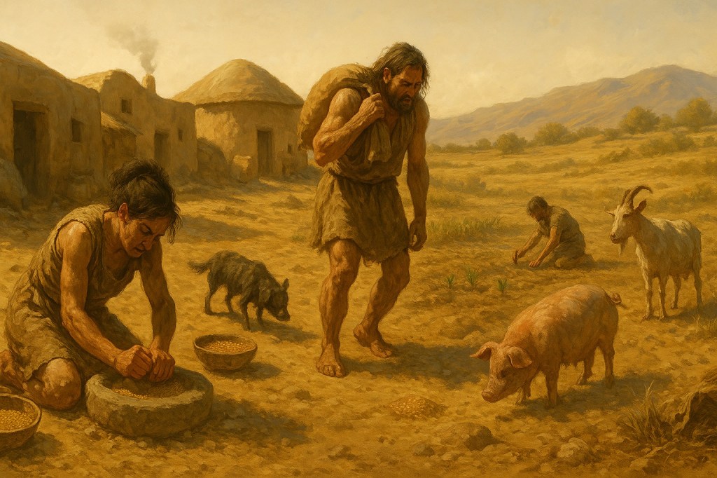 Representación de una aldea neolítica donde personas realizan trabajos agrícolas repetitivos bajo el sol del mediodía, con una mujer moliendo grano, un hombre cargando un saco pesado y animales como cerdo, cabra y perro cerca, simbolizando desgaste físico, dieta limitada y convivencia estrecha con animales.