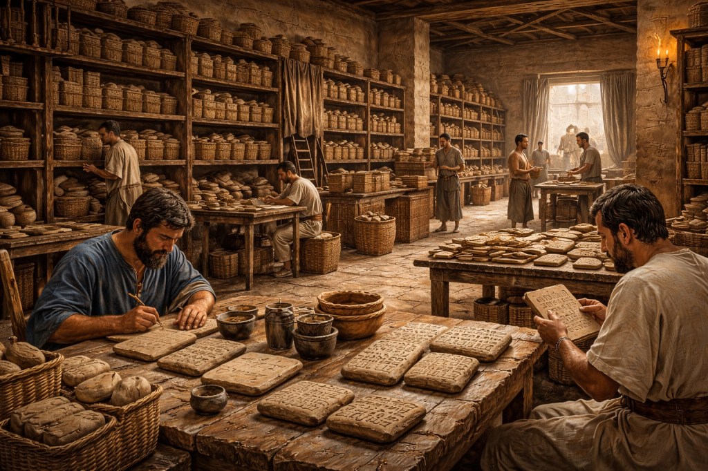 Representación hiperrealista del interior de un centro administrativo mesopotámico con escribanos trabajando en tablillas de arcilla y estanterías llenas de archivos, iluminado por luz natural en un edificio de adobe.