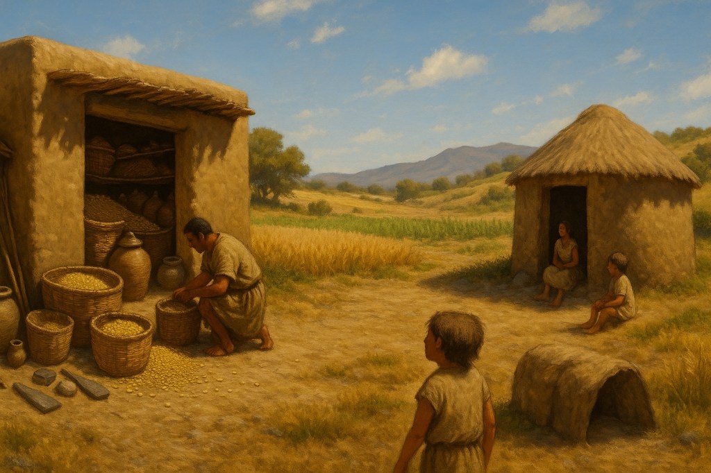 Representación de una escena neolítica con una casa grande y un granero lleno de grano, junto a una vivienda más pequeña y modesta dentro de la misma aldea, ilustrando cómo el almacenamiento de cereal comenzó a transformar la vida comunitaria durante el Neolítico.