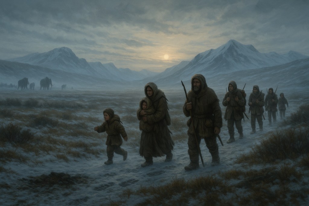 Representación de una familia paleolítica avanzando por la tundra helada de Beringia al amanecer, con mamuts lanudos a lo lejos y montañas glaciares bajo un cielo frío y nublado.