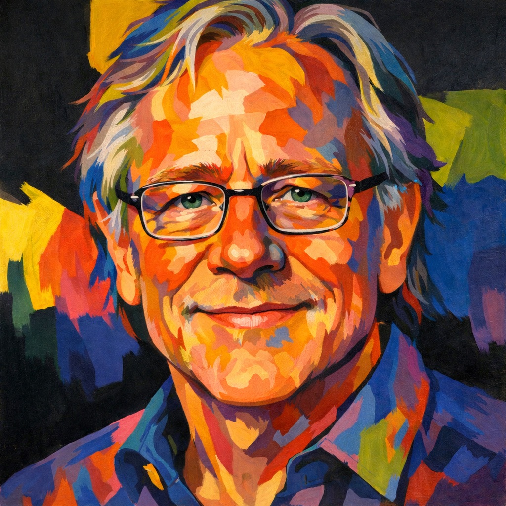 Retrato artístico sin barba de Graham Hancock, representado en una pintura digital estilo pop art con colores vibrantes, pinceladas expresivas y fondo abstracto multicolor.