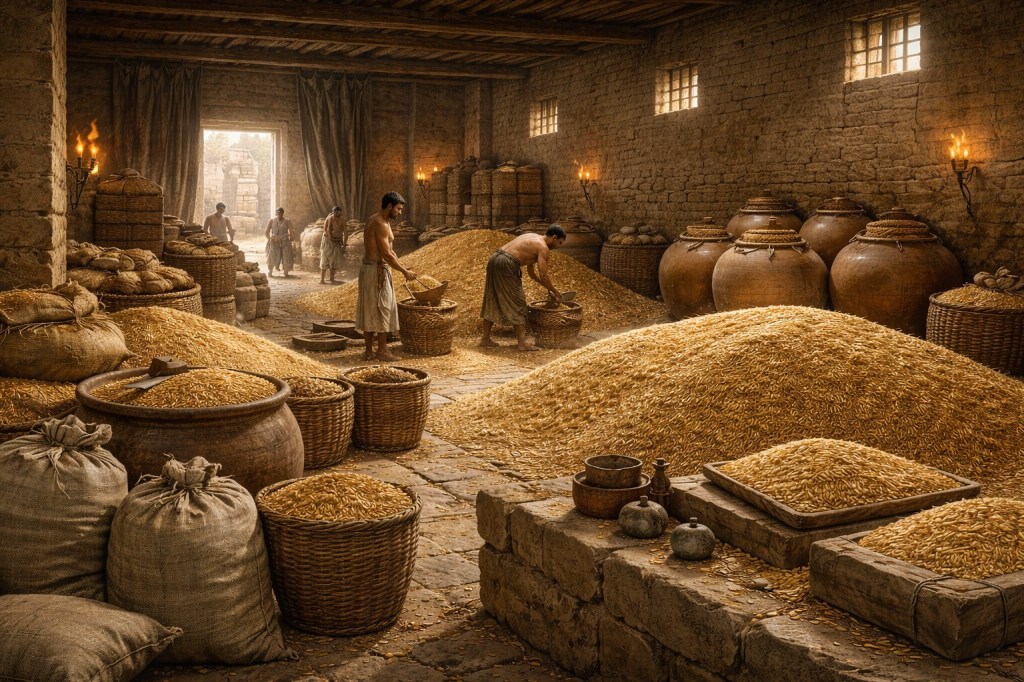 Representación hiperrealista del interior de un granero estatal en Uruk, con toneladas de grano almacenadas en sacos, cestas y grandes vasijas de cerámica, iluminadas por luz natural que entra por muros de adobe.