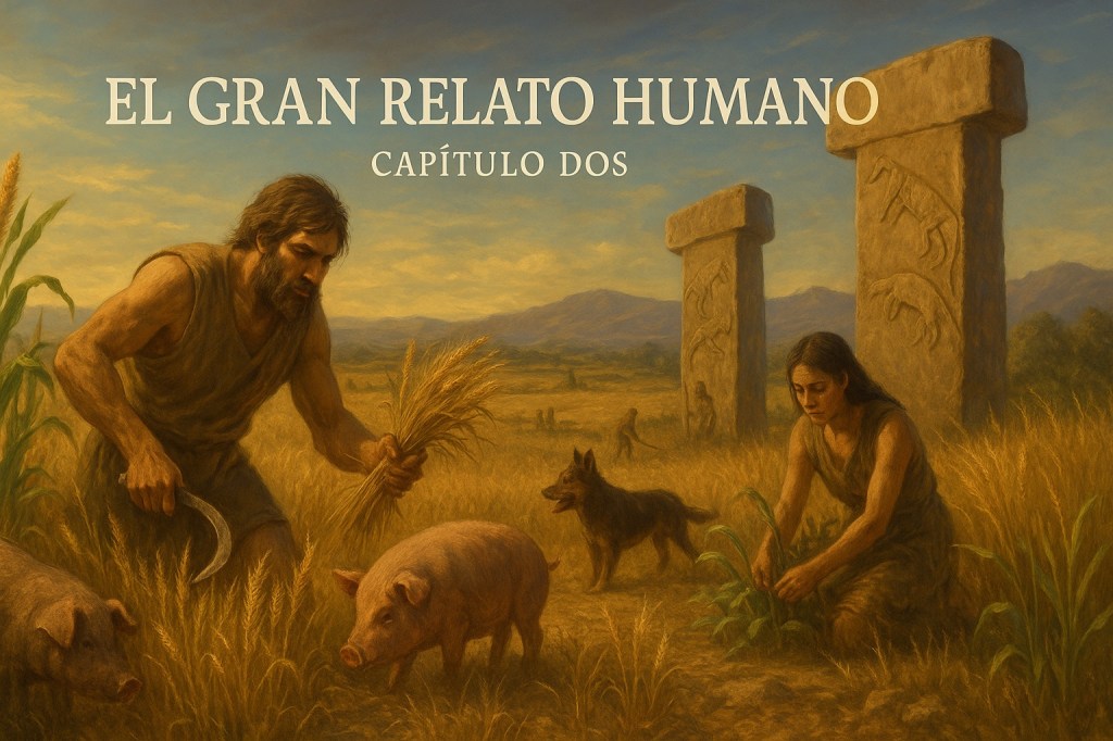Pintura digital que muestra una escena neolítica con agricultores cosechando trigo con hoces de sílex, plantas tempranas de teocintle, cerdos y perros domesticados, y los monolitos tallados de Göbekli Tepe al fondo, representando el surgimiento de la agricultura ca. 10 000–4 000 a. C.