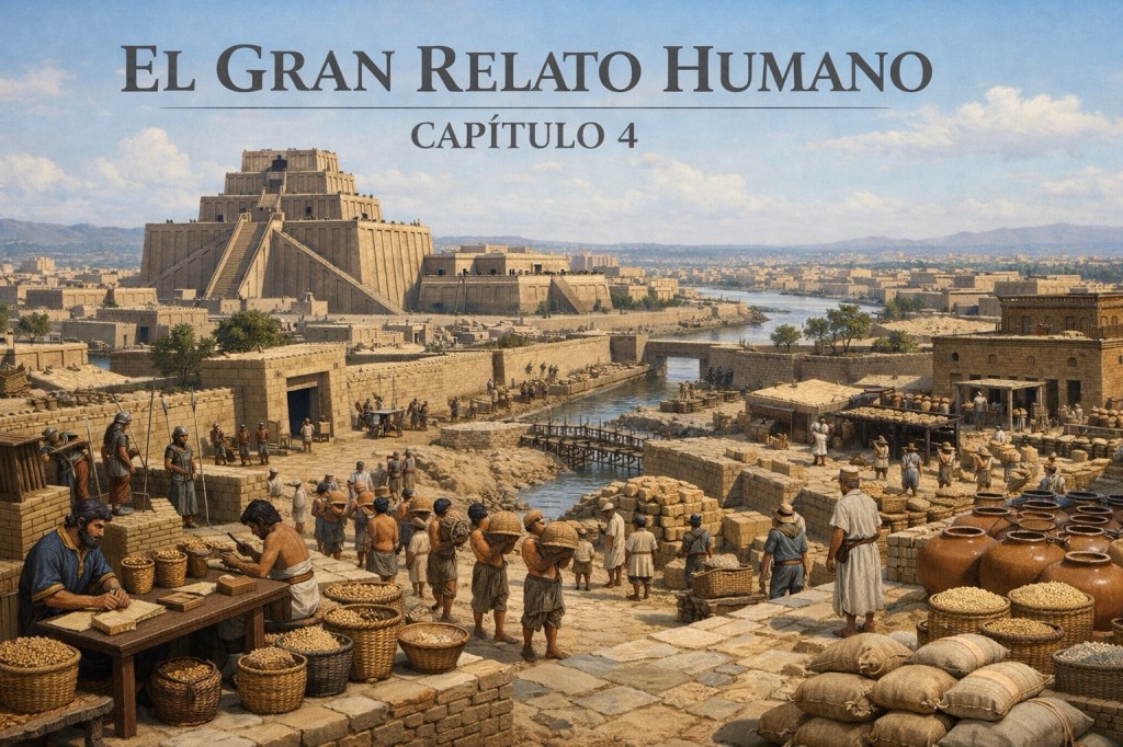 Representación hiperrealista de una ciudad mesopotámica temprana con un gran centro administrativo, escribas registrando tributos, graneros llenos, trabajo obligatorio y guardias armados, simbolizando el nacimiento del Estado, la burocracia y el poder centralizado.