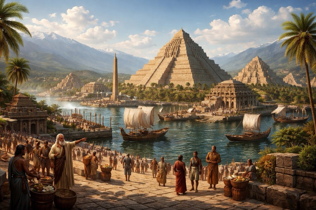 Representación ficticia de una civilización antigua avanzada con pirámides monumentales, puertos marítimos, arquitectura de piedra y actividad comercial, ambientada en un paisaje costero con montañas al fondo.