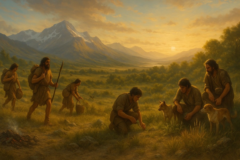 Pintura digital panorámica que muestra cazadores-recolectores en movimiento junto a los primeros indicios de agricultura ca. 10 000 a. C., con personas recolectando frutos, una fogata apagándose, hombres examinando brotes de plantas y perros domésticos, dentro de un paisaje del Holoceno con glaciares en retroceso y luz cálida.