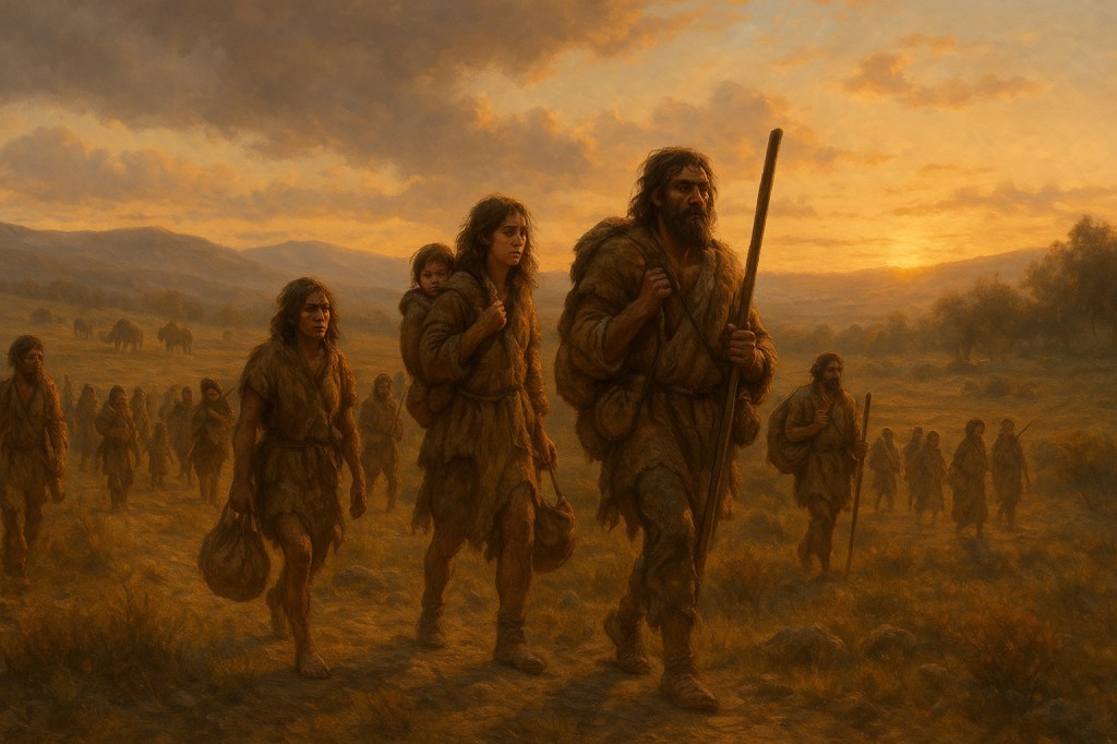 Panorama épico del Paleolítico con un grupo de cazadores-recolectores caminando al amanecer, vestidos con pieles, llevando herramientas y niños, rodeados de un paisaje ancestral con mamuts al fondo.