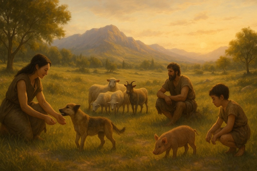 Representación de humanos preagrícolas interactuando con los primeros animales domesticados ca. 9 000–7 000 a. C., incluyendo perros, ovejas, cabras y un cerdo joven, en un paisaje natural iluminado por la luz cálida del amanecer.