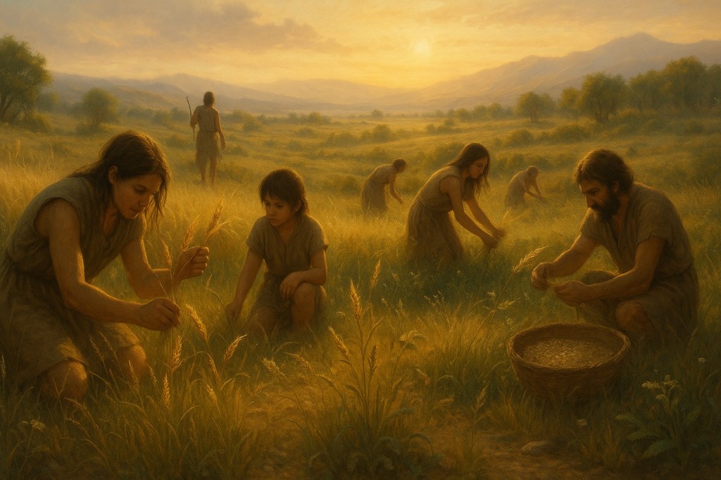 Representación de un grupo de recolectores preagrícolas ca. 10 000 a. C., examinando y recolectando plantas silvestres en un paisaje natural iluminado por luz cálida, con cestas llenas de granos y espigas dispersas que simbolizan los primeros pasos hacia la domesticación de plantas.