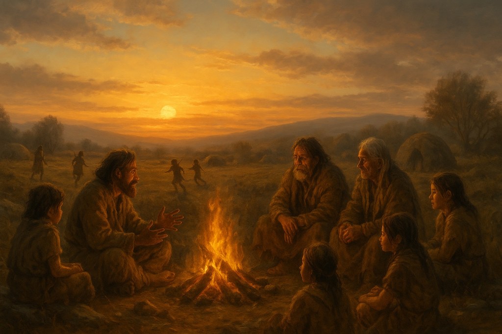 Representación de un campamento paleolítico al atardecer, con adultos, ancianos y algunos niños reunidos alrededor de una fogata mientras otros niños juegan en el fondo, iluminados por una luz cálida del ocaso.