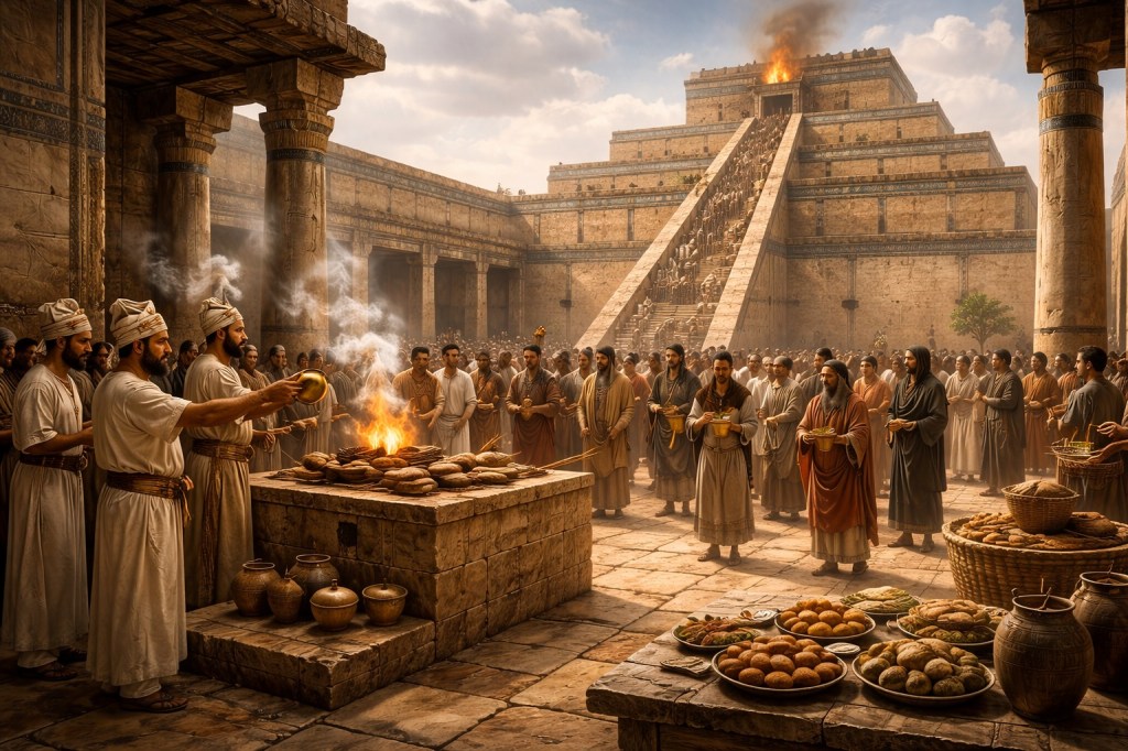 Representación hiperrealista de un patio inferior de un zigurat mesopotámico donde sacerdotes conducen rituales con ofrendas mientras la población general participa y observa en un espacio religioso público.