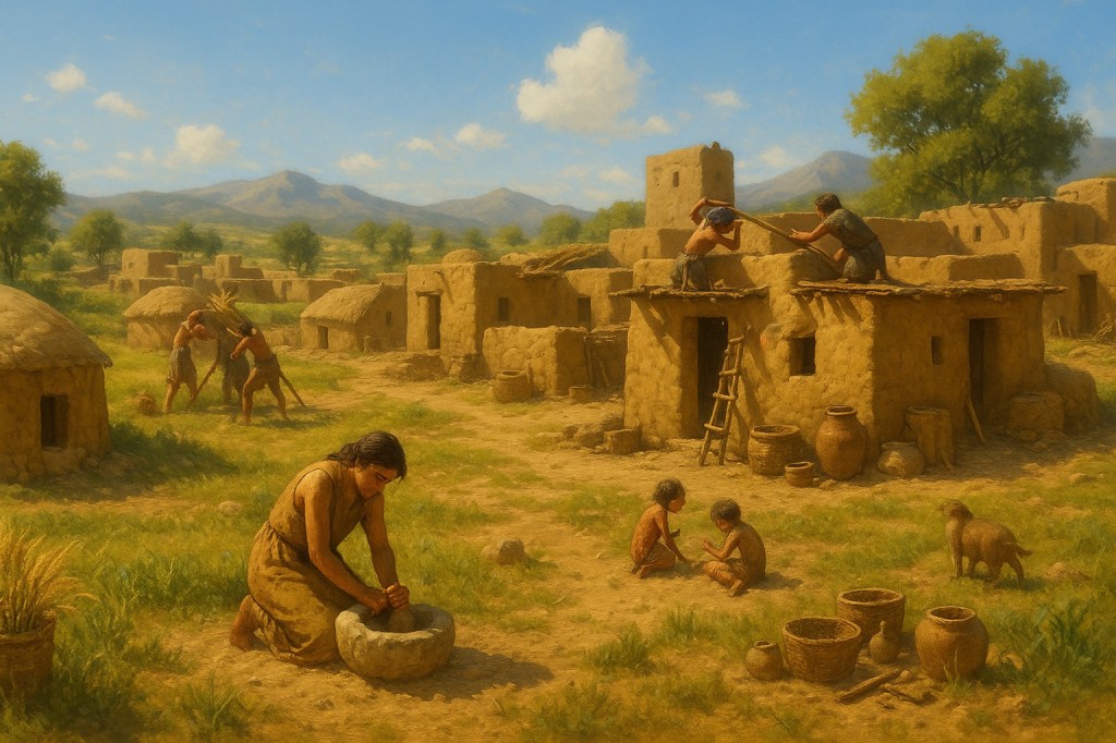 Representación de una aldea neolítica ca. 8 000–6 000 a. C., con casas de barro, una mujer moliendo grano, personas reparando techos, niños jugando y cestas con cereales, simbolizando el surgimiento del sedentarismo y la vida comunitaria.
