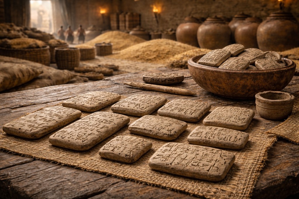 Representación hiperrealista de tablillas de arcilla con escritura proto-cuneiforme sobre una mesa de madera dentro de un granero estatal en Uruk, con el almacenamiento de grano desenfocado al fondo.