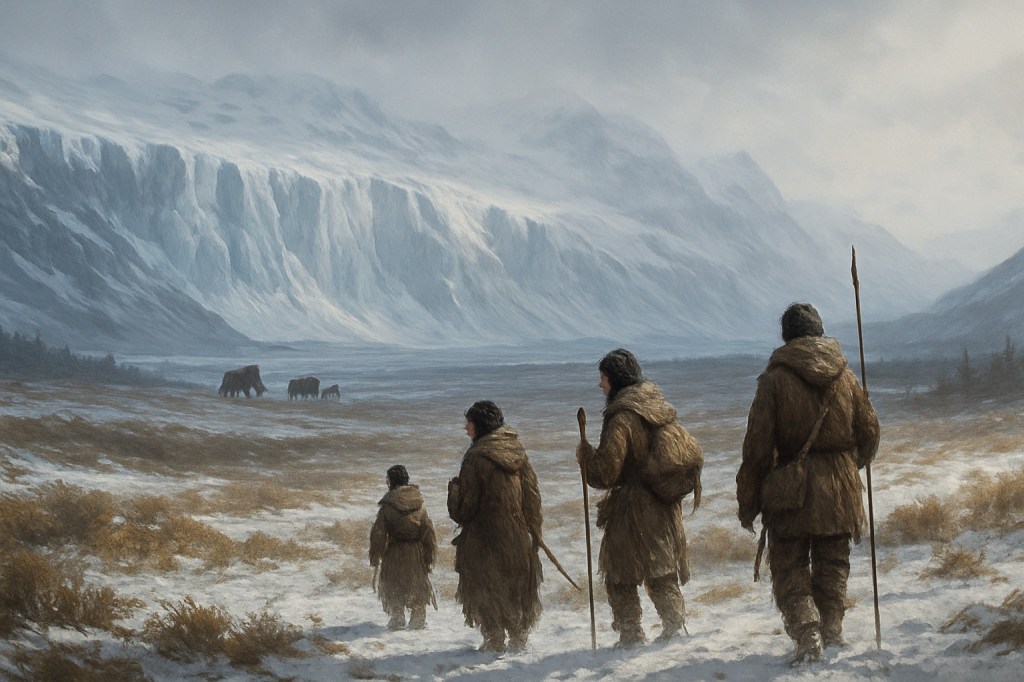 Representación de un paisaje glacial del Pleistoceno con cuatro cazadores-recolectores caminando en primer plano, siguiendo a lo lejos una manada de mamuts frente a un enorme glaciar que domina el horizonte.