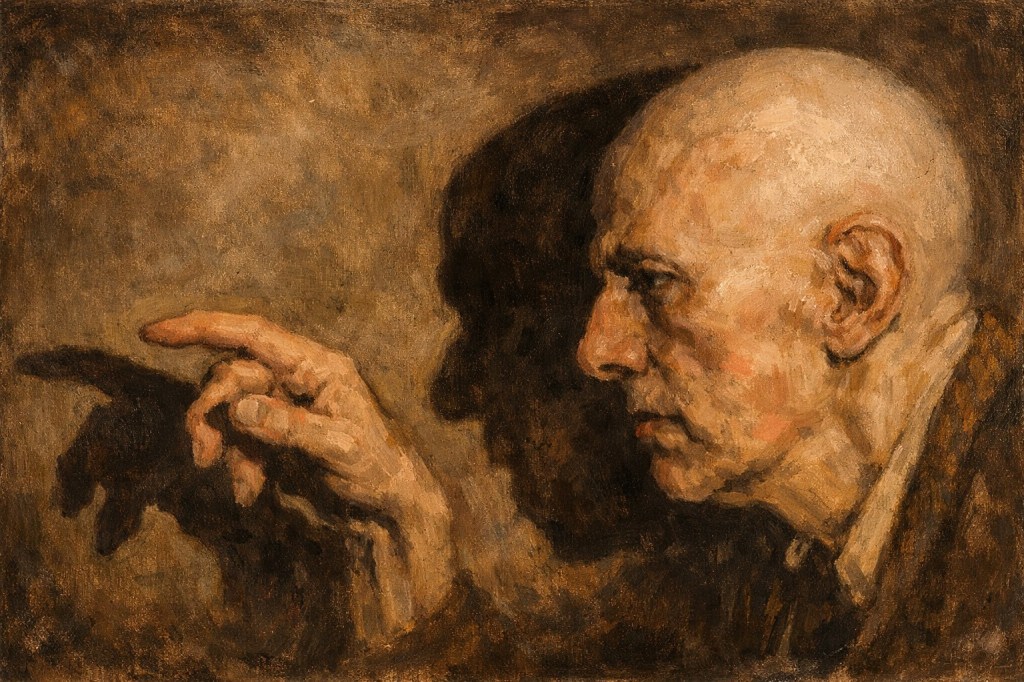 Pintura de estilo realista de principios del siglo XX que reinterpreta una imagen histórica de Aleister Crowley señalando con la mano, con un fuerte juego de luz y sombra.