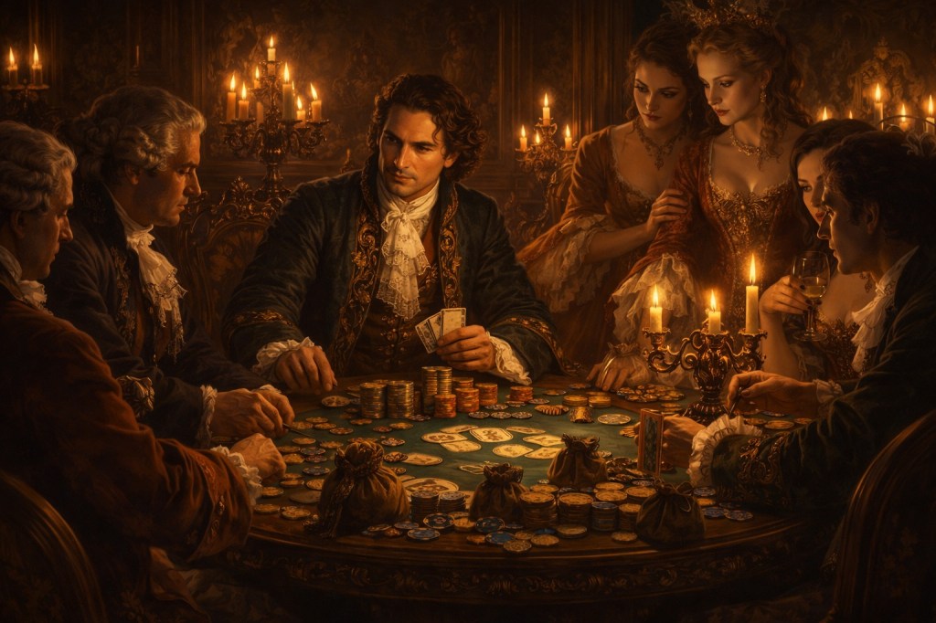 Escena ficticia de un salón aristocrático europeo del siglo XVIII con nobles jugando cartas alrededor de una mesa iluminada por velas, rodeados de dinero, miradas calculadas y gestos de seducción, representando el ambiente social en el que se movió Casanova.