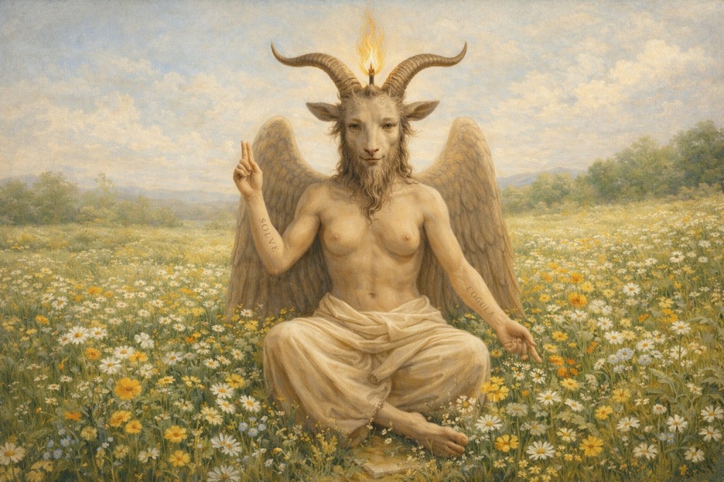 Reinterpretación artística del Baphomet de Eliphas Lévi, representado como una figura alegórica sentada en un campo de flores silvestres, con expresión serena y simbología equilibrada, sin connotaciones demoníacas ni estética oscura.