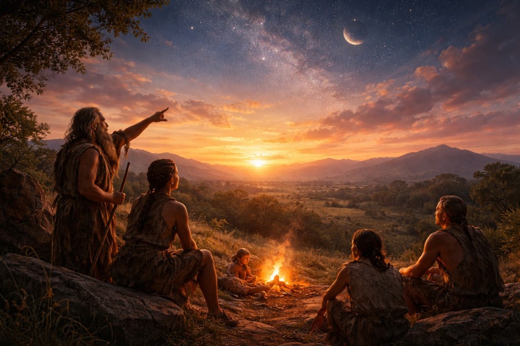 Grupo de personas de una civilización temprana observando el cielo al atardecer desde una colina, usando la posición del Sol, la Luna y las estrellas para reconocer el paso del tiempo y los ciclos naturales.
