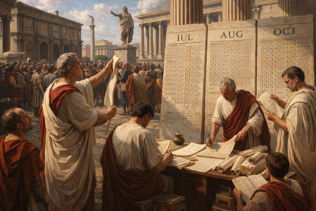 Funcionarios romanos reunidos en el Foro de Roma revisan tablillas de piedra con meses y fechas, representando la organización administrativa del calendario durante la reforma juliana.