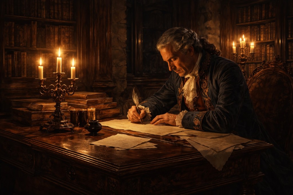 Escena ficticia de un hombre italiano mayor escribiendo sus memorias a la luz de las velas en una biblioteca aristocrática de finales del siglo XVIII, representando el retiro y el declive de la vida de Giacomo Casanova.