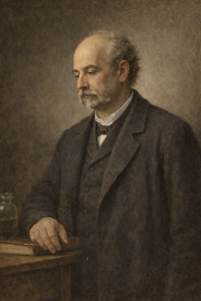 Retrato de Efisio Marini, médico y anatomista italiano del siglo XIX, con calvicie frontal y bigote prominente, representado en una pintura de estilo académico con expresión seria y reflexiva.