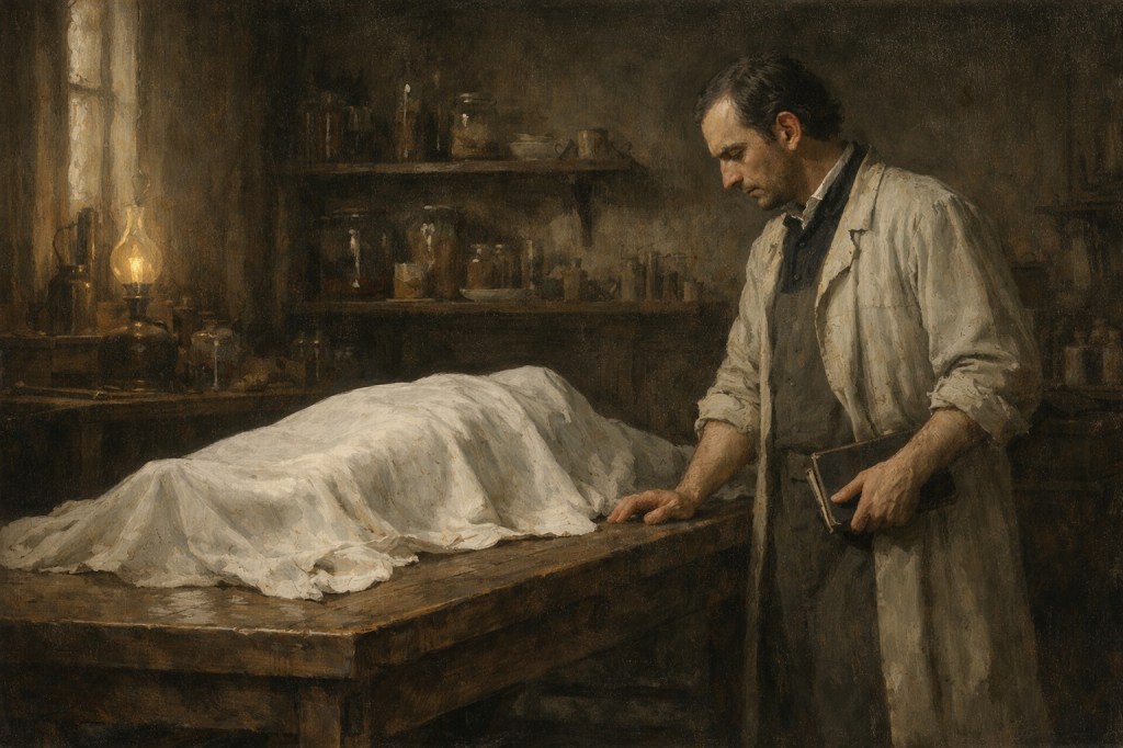 Efisio Marini, anatomista del siglo XIX, observa de forma reflexiva un cuerpo humano cubierto sobre una mesa anatómica en un laboratorio médico europeo, en una escena sobria y silenciosa de estudio científico.