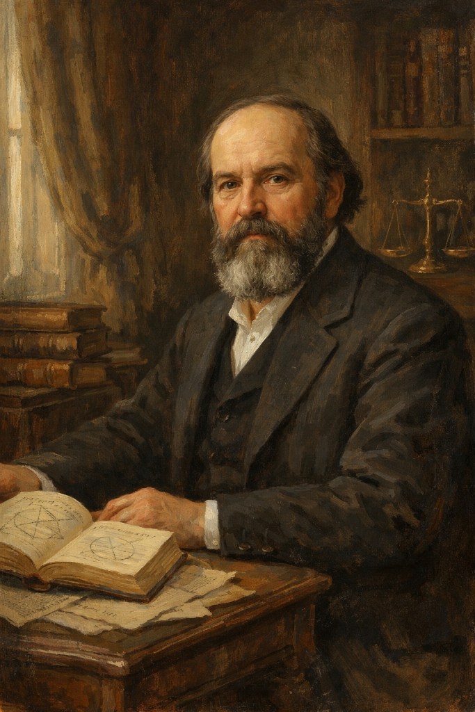 Retrato pictórico realista de Eliphas Lévi, intelectual francés del siglo XIX, sentado en su estudio rodeado de libros y manuscritos, representado como un pensador serio y reflexivo, sin iconografía oscura ni esotérica explícita.