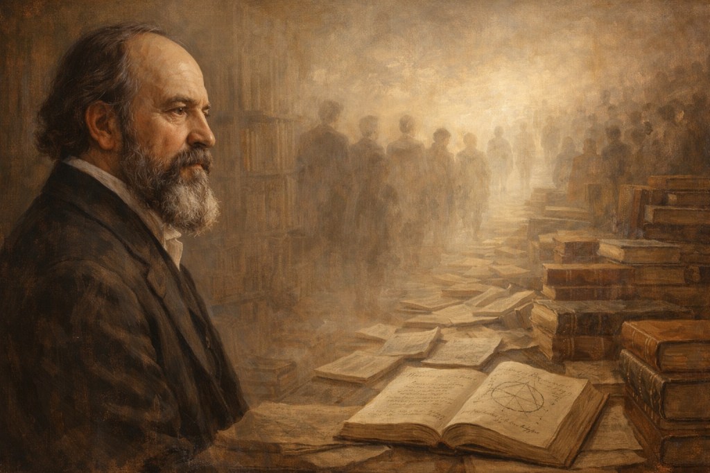 Imagen destacada de Eliphas Lévi, intelectual francés del siglo XIX, representado en una pintura académica realista mirando una alegoría del tiempo formada por libros, manuscritos y figuras humanas difusas que simbolizan su influencia intelectual a lo largo de generaciones.