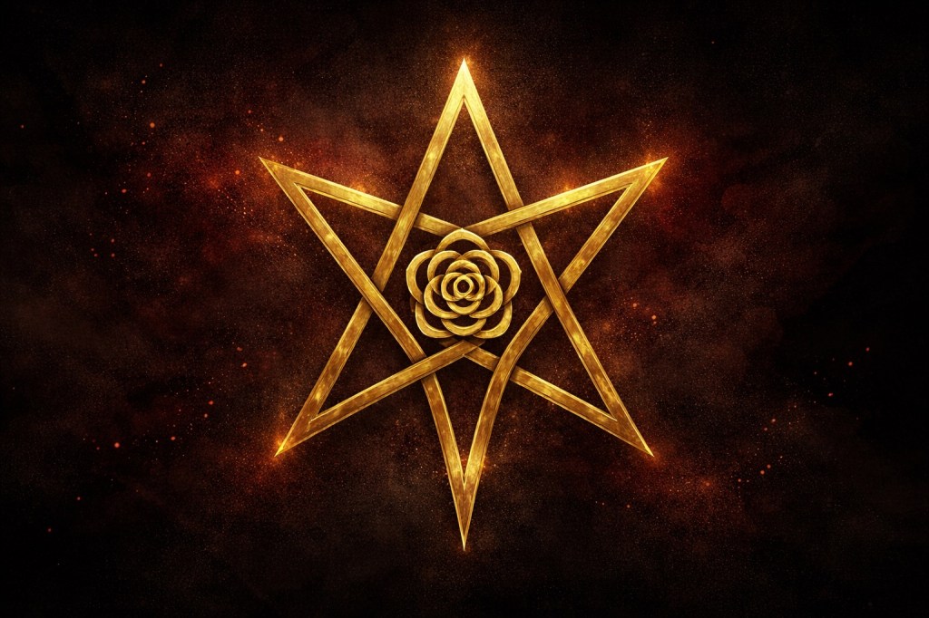 Icono del hexagrama unicursal de Thelema representado en oro sobre un fondo oscuro con tonos rojos y negros, símbolo esotérico de la voluntad consciente.
