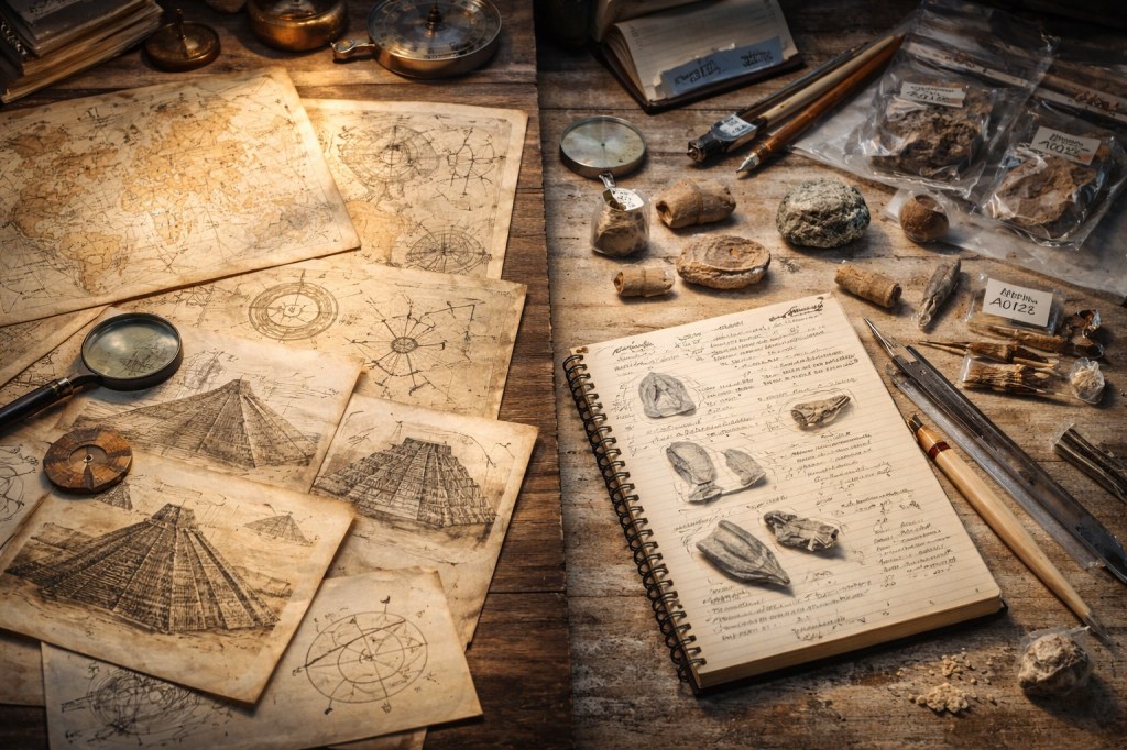 Mesa de trabajo arqueológica dividida visualmente entre mapas antiguos interpretativos y herramientas científicas reales con fragmentos de cerámica y notas de campo, representación del contraste entre narrativa y evidencia.